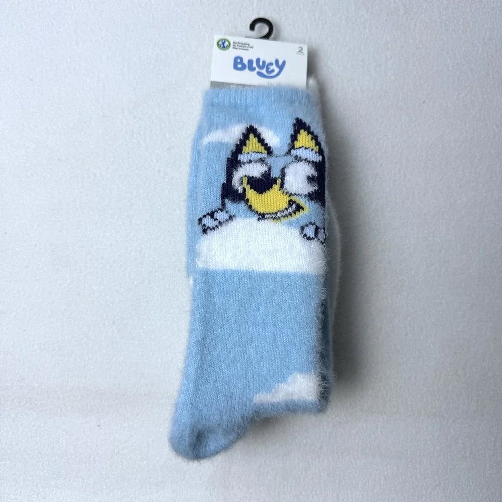 New Bluey Boot Socks Cozy Fuzzy Socks Pom Pom 2 Pairs Shoe Size 4-10 Blue White